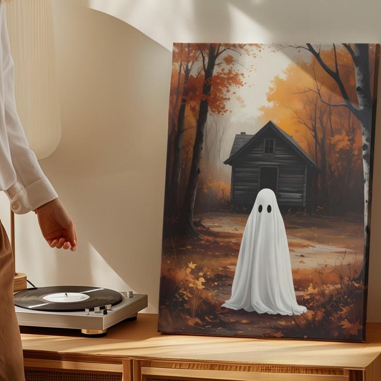 Ghost & Cabin In The Woods Canvas Quiet Introspective Halloween Art Wall Art - Bild 4 von 8