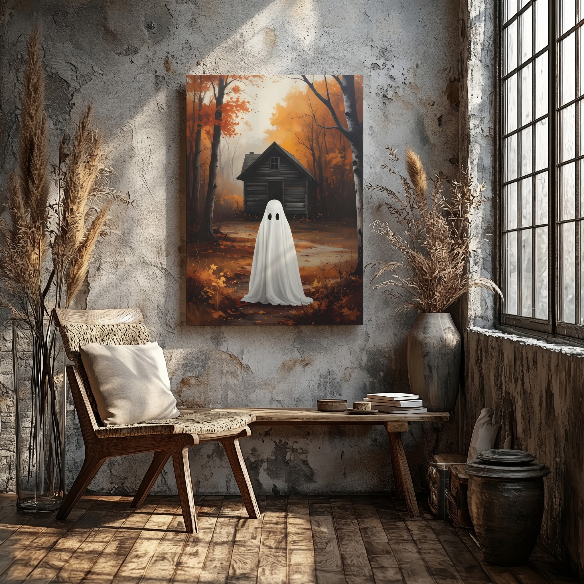 Ghost & Cabin In The Woods Canvas Quiet Introspective Halloween Art Wall Art - Bild 5 von 8