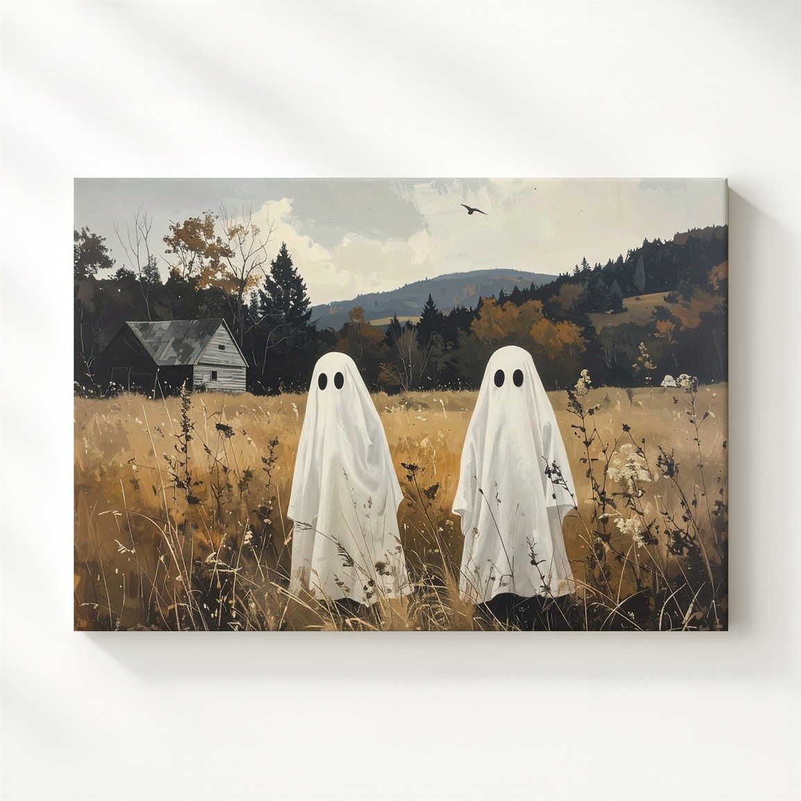 Childlike Ghosts In Autumn Field Canvas Peaceful Rural Halloween Art Wall Art - Picture 1 of 8
