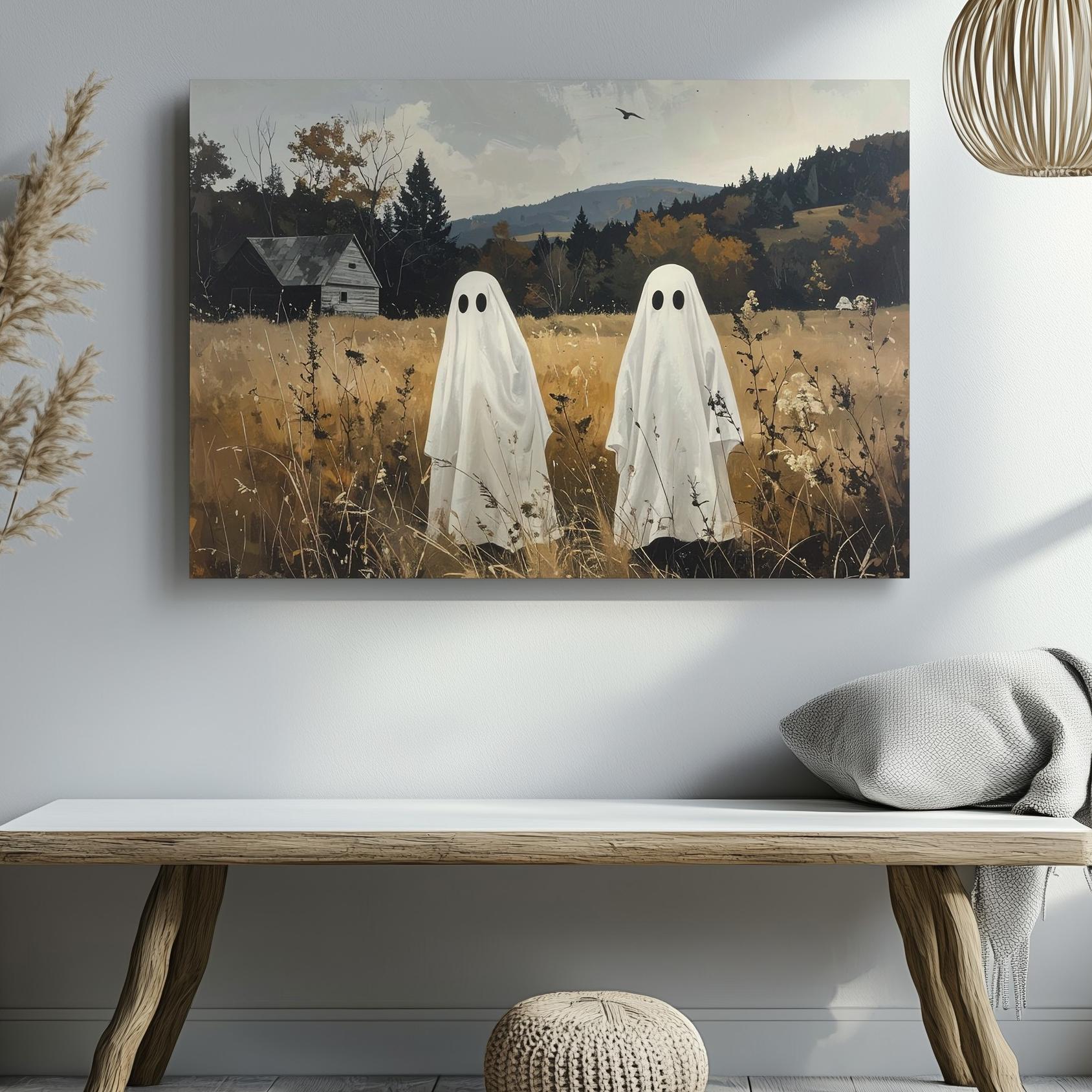 Childlike Ghosts In Autumn Field Canvas Peaceful Rural Halloween Art Wall Art - Picture 2 of 8