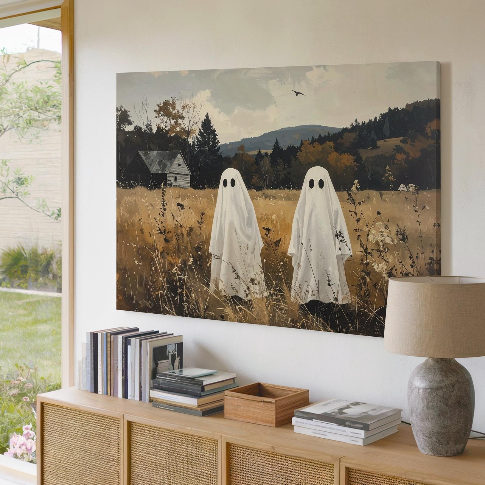 Childlike Ghosts In Autumn Field Canvas Peaceful Rural Halloween Art Wall Art - Picture 3 of 8