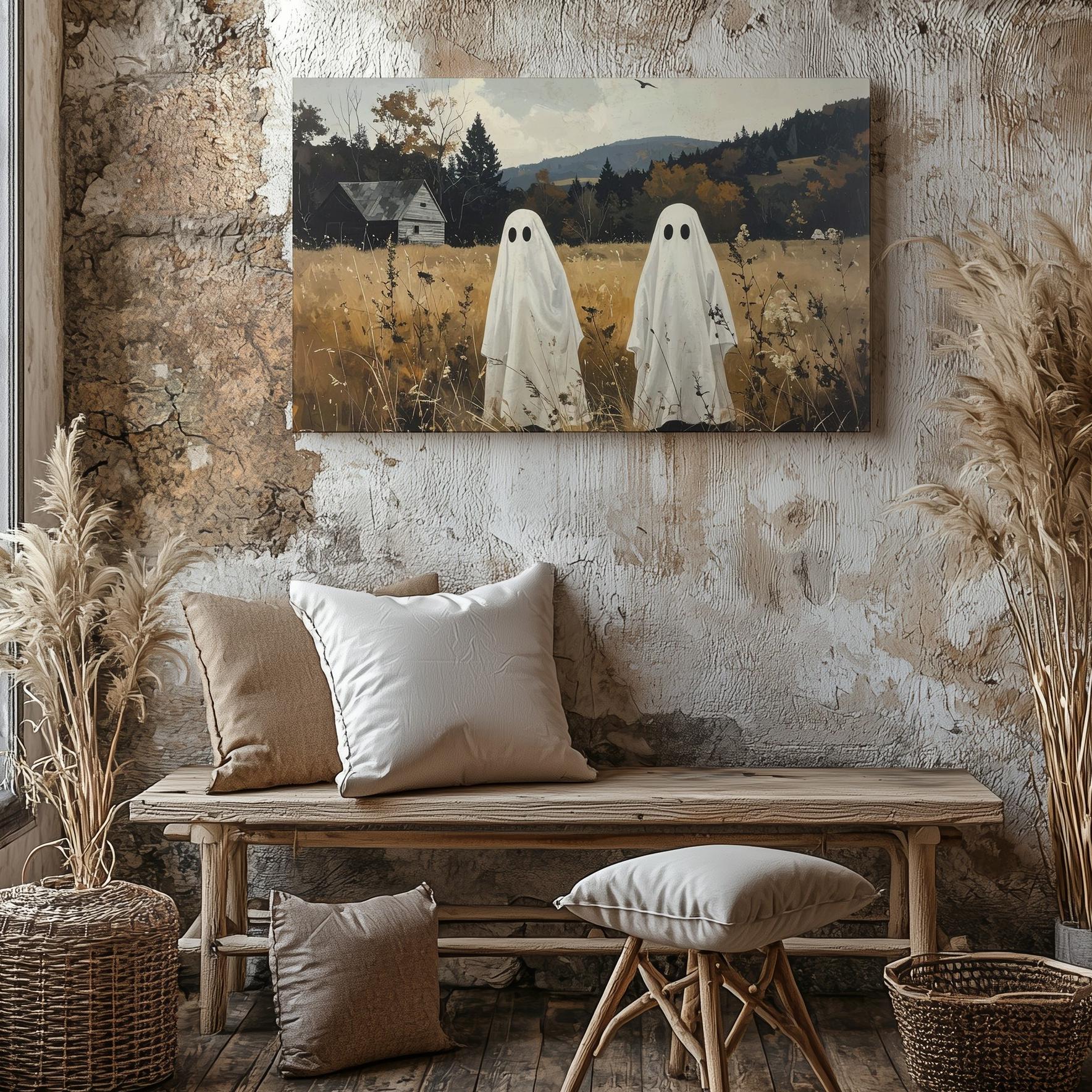 Childlike Ghosts In Autumn Field Canvas Peaceful Rural Halloween Art Wall Art - Picture 4 of 8