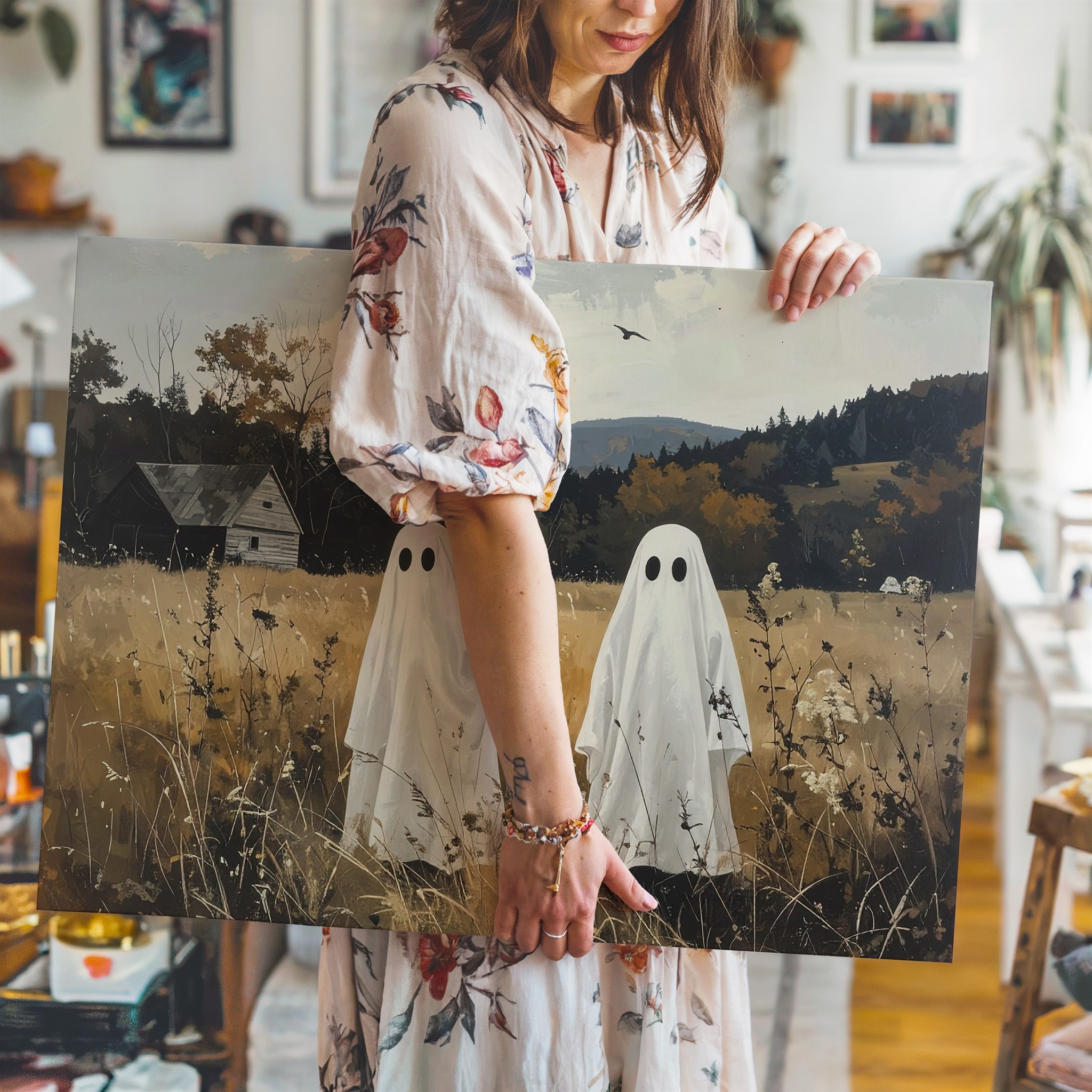 Childlike Ghosts In Autumn Field Canvas Peaceful Rural Halloween Art Wall Art - Picture 5 of 8