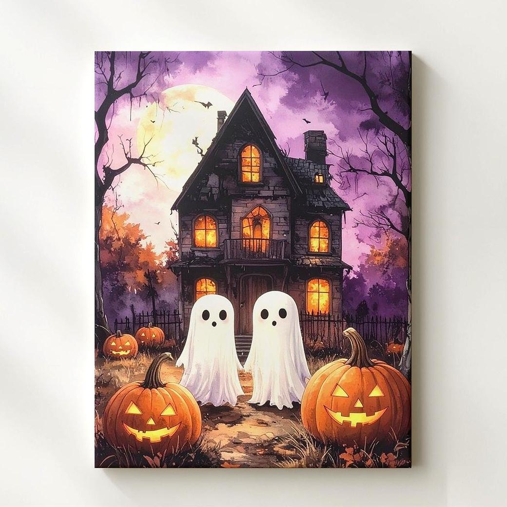 Playful Ghosts & Haunted House Canvas Whimsical Halloween Wall Art - Imagen 1 de 8