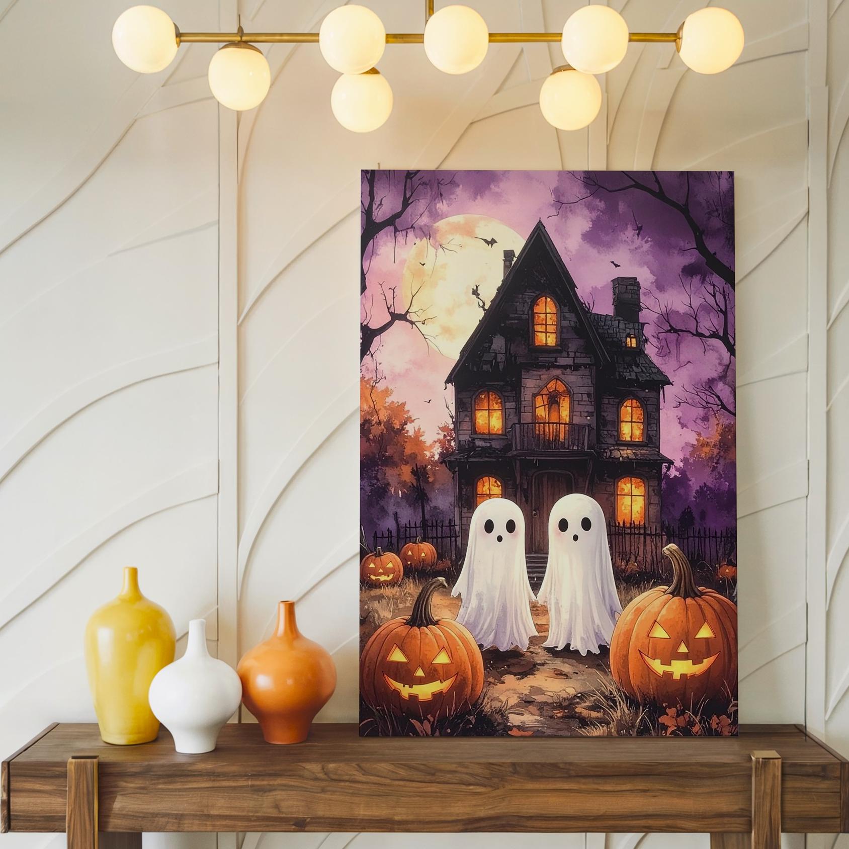 Playful Ghosts & Haunted House Canvas Whimsical Halloween Wall Art - Imagen 2 de 8