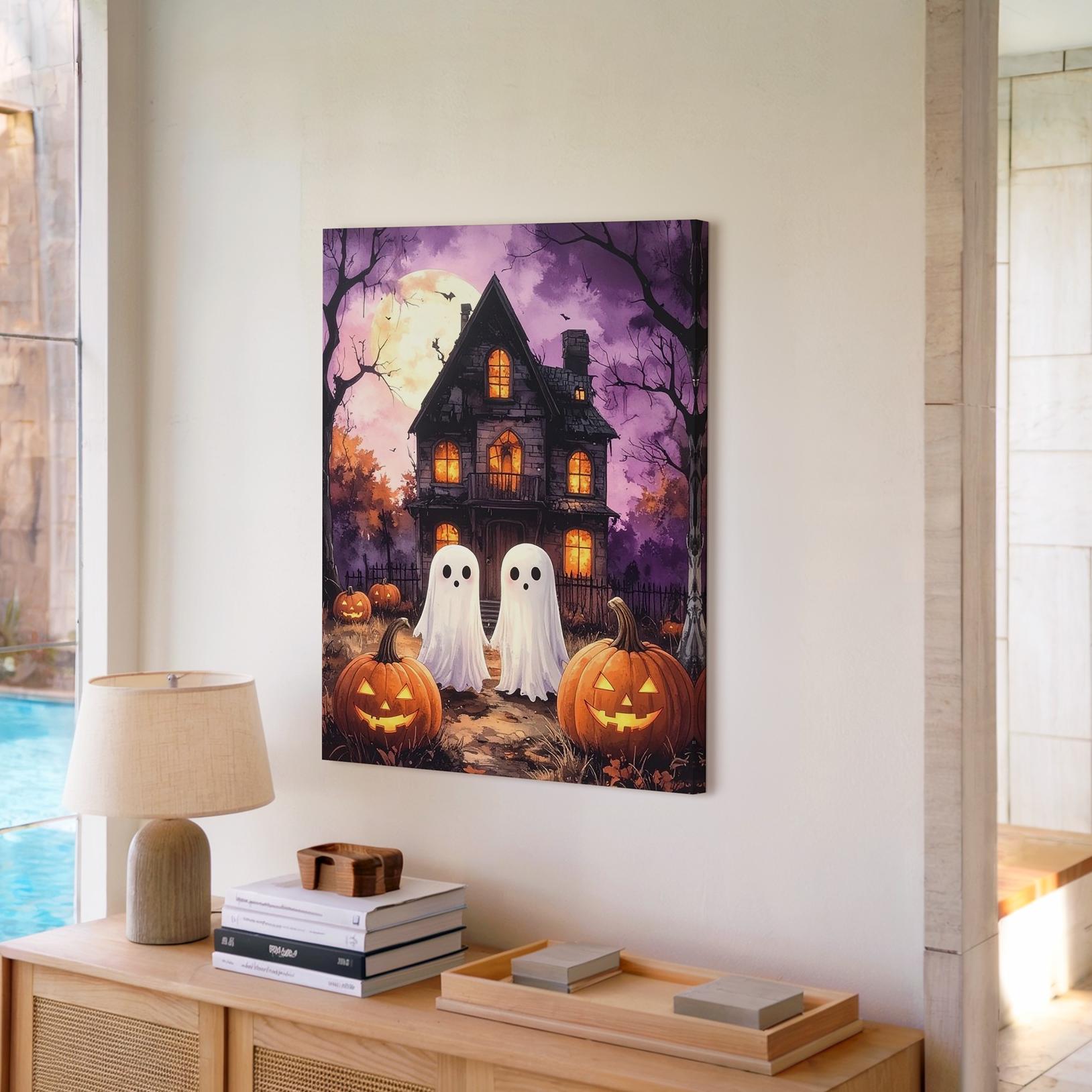 Playful Ghosts & Haunted House Canvas Whimsical Halloween Wall Art - Imagen 3 de 8