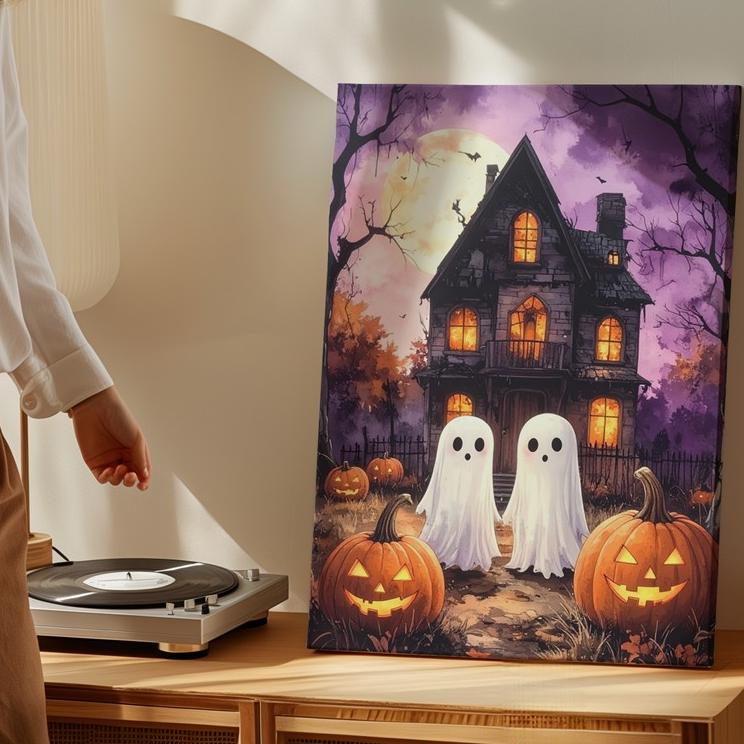 Playful Ghosts & Haunted House Canvas Whimsical Halloween Wall Art - Imagen 4 de 8