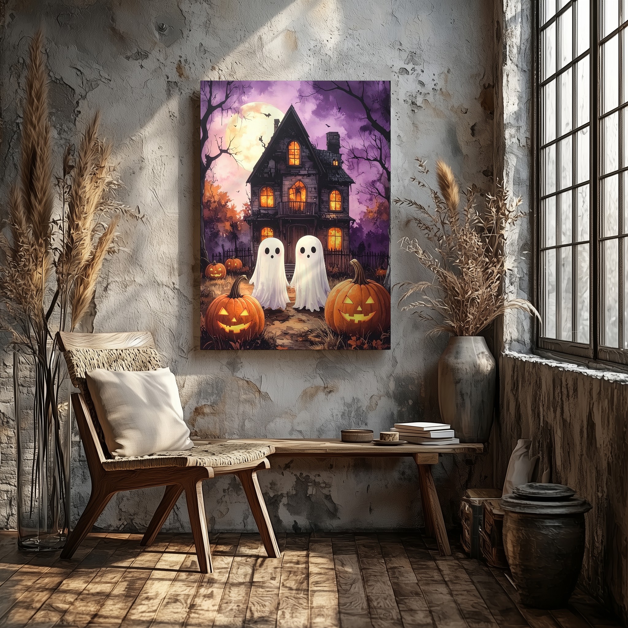 Playful Ghosts & Haunted House Canvas Whimsical Halloween Wall Art - Imagen 5 de 8